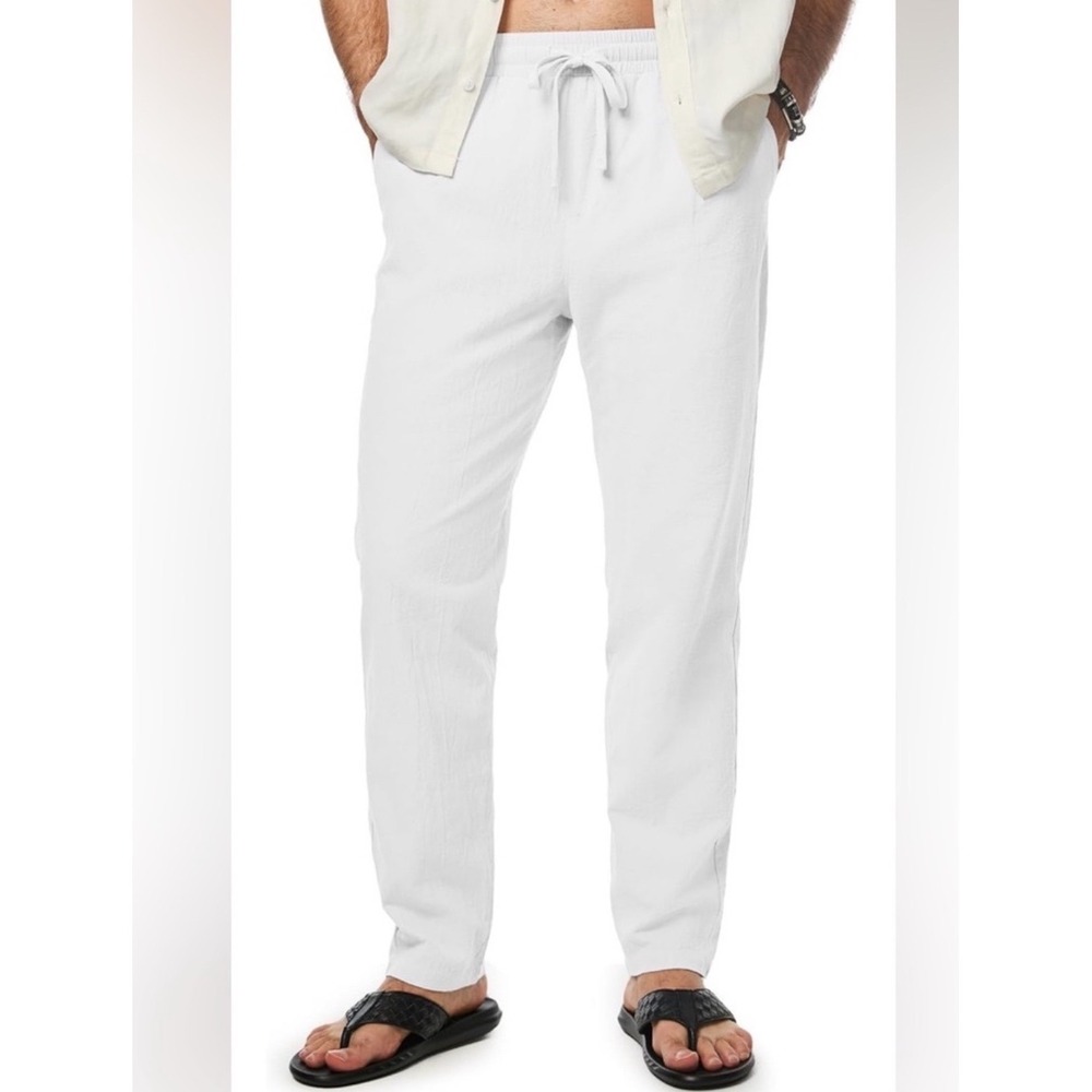 4 Pairs JMIERR 100% Cotton Beachy Summer Linen-Look Pants Drawstring Mens 34 NWT